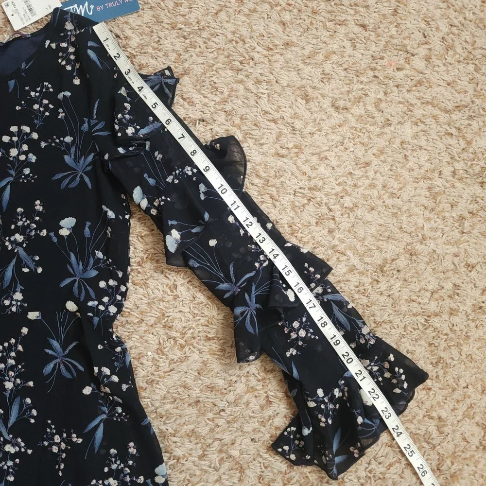 Truly Me Floral Chiffon Dress Girls 14 Navy Blue Ruffle Tiered Sleeve NWT